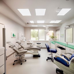 An efficient dental center with four individual dental treatment rooms. Each room features cutting-edge dental equipment, ample natural lighting, sterilized, gleaming instruments, ergonomic chairs and soothing wall colors to create a calming atmosphere for patients.