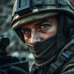 A highly detailed portrait of an army sniper in camouflage attire, with a focused and intense expression