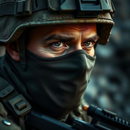A highly detailed portrait of an army sniper in camouflage attire, with a focused and intense expression