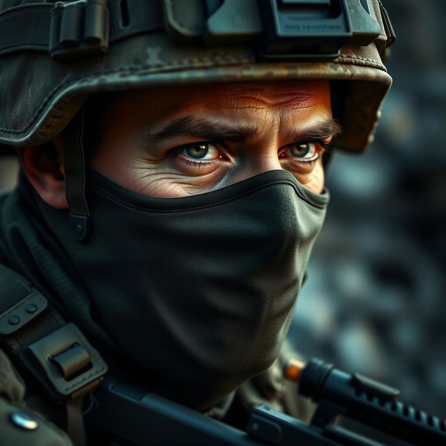 A highly detailed portrait of an army sniper in camouflage attire, with a focused and intense expression