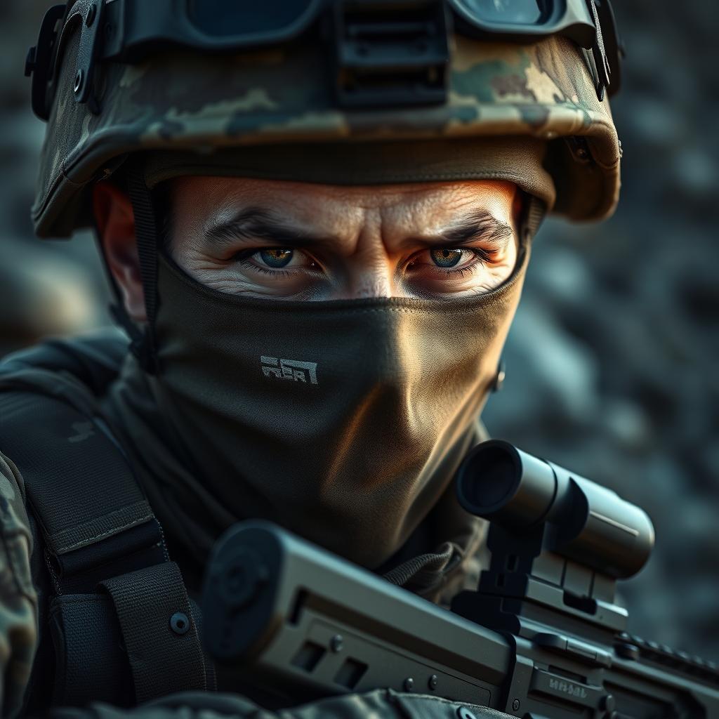 A highly detailed portrait of an army sniper in camouflage attire, with a focused and intense expression