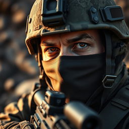 A highly detailed portrait of an army sniper in camouflage attire, with a focused and intense expression