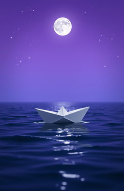 A white paper boat sailing gracefully on the ocean at night, surrounded by a beautiful gradient of purple hues in the sky