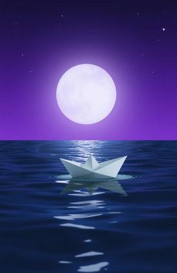 A white paper boat sailing gracefully on the ocean at night, surrounded by a beautiful gradient of purple hues in the sky