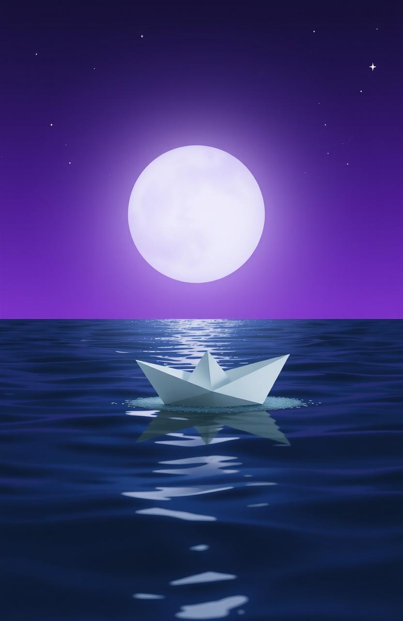 A white paper boat sailing gracefully on the ocean at night, surrounded by a beautiful gradient of purple hues in the sky