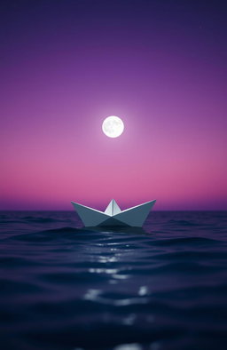 A white paper boat sailing gracefully on the ocean at night, surrounded by a beautiful gradient of purple hues in the sky