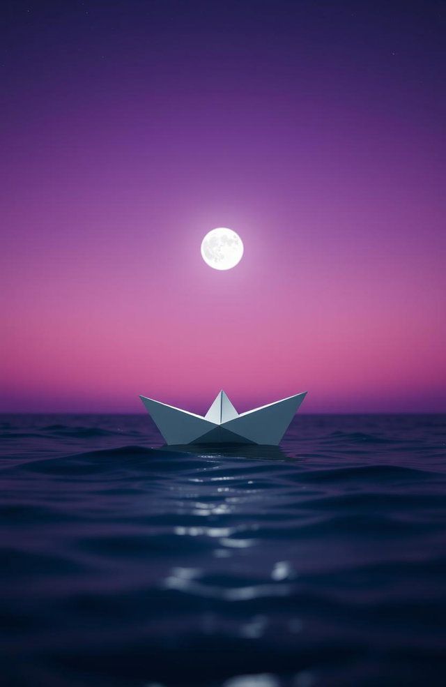A white paper boat sailing gracefully on the ocean at night, surrounded by a beautiful gradient of purple hues in the sky