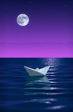 A white paper boat sailing gracefully on the ocean at night, surrounded by a beautiful gradient of purple hues in the sky