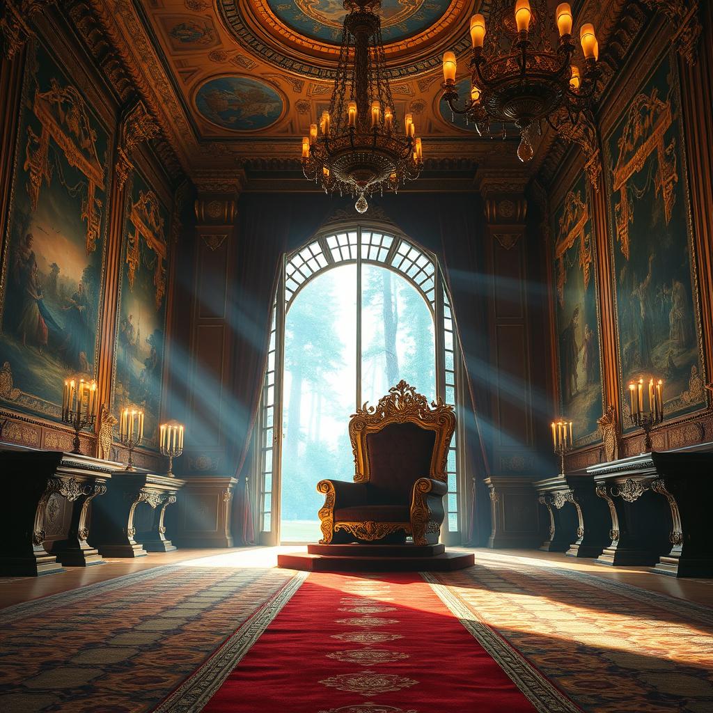 A grand royal throne room adorned with opulent decorations, featuring a large, intricately designed throne made of gold and velvet