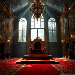 A grand royal throne room adorned with opulent decorations, featuring a large, intricately designed throne made of gold and velvet