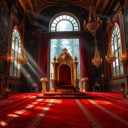 A grand royal throne room adorned with opulent decorations, featuring a large, intricately designed throne made of gold and velvet
