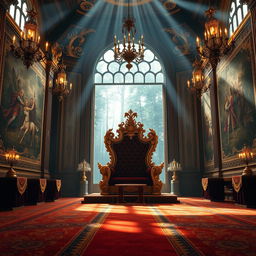 A grand royal throne room adorned with opulent decorations, featuring a large, intricately designed throne made of gold and velvet