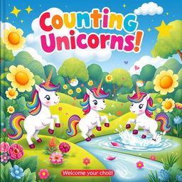 A colorful children's book cover featuring a whimsical scene of cute unicorns in a magical landscape