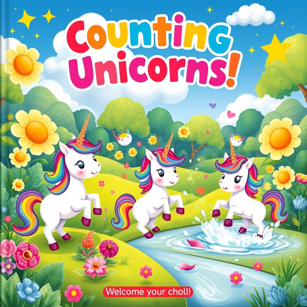 A colorful children's book cover featuring a whimsical scene of cute unicorns in a magical landscape