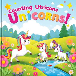 A colorful children's book cover featuring a whimsical scene of cute unicorns in a magical landscape