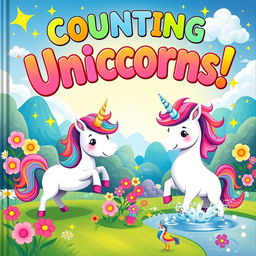 A colorful children's book cover featuring a whimsical scene of cute unicorns in a magical landscape
