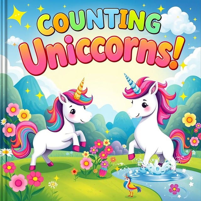 A colorful children's book cover featuring a whimsical scene of cute unicorns in a magical landscape