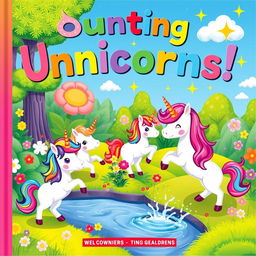 A colorful children's book cover featuring a whimsical scene of cute unicorns in a magical landscape
