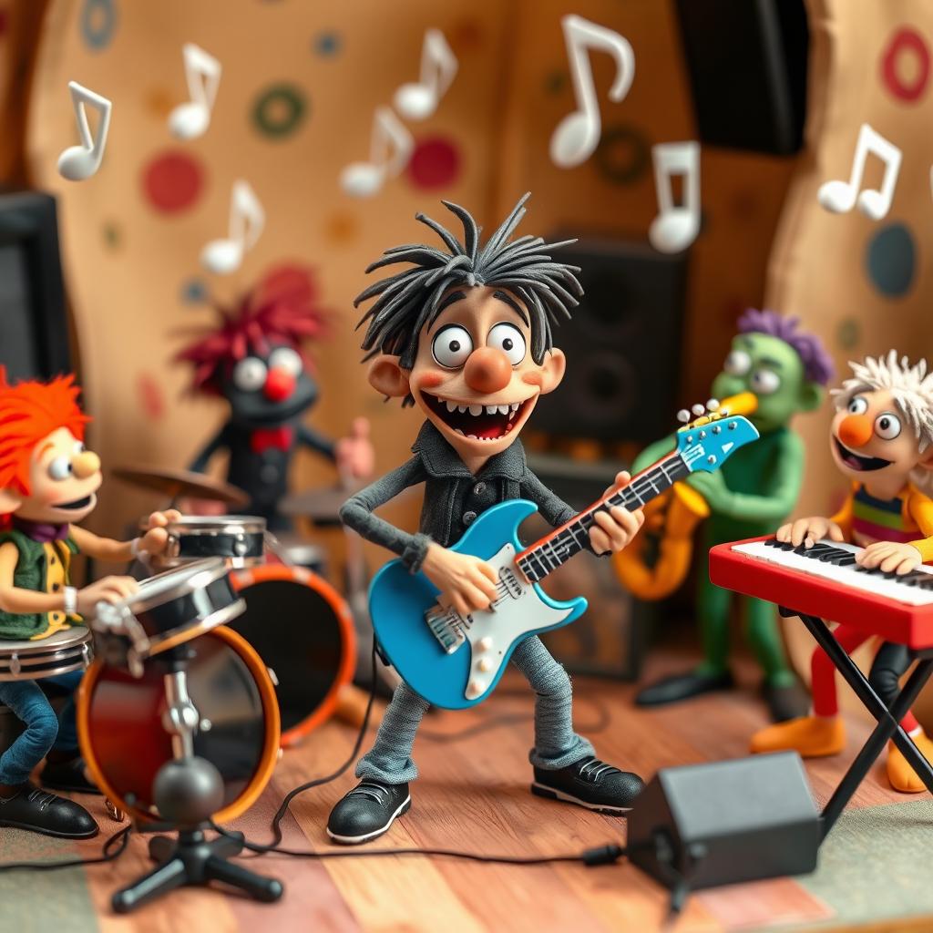 A vibrant and dynamic scene featuring various stop motion characters, each playing different musical instruments