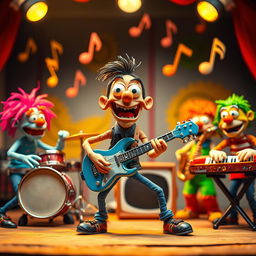 A vibrant and dynamic scene featuring various stop motion characters, each playing different musical instruments
