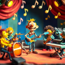 A vibrant and dynamic scene featuring various stop motion characters, each playing different musical instruments