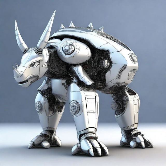 A high-quality 3D render of a rhino robot, proudly bearing a crest on its metallic body