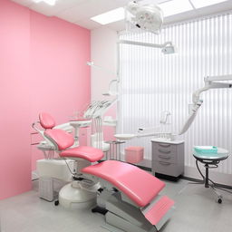 A well-organized dental unit with a feminine touch, featuring a pink dental chair, gray flooring, and white walls. The unit is equipped with modern dental tools and technology, providing a clean, professional, and inviting atmosphere.