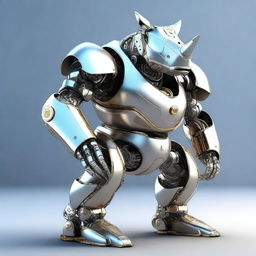 A high-quality 3D render of a rhino robot, proudly bearing a crest on its metallic body