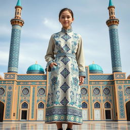 A stylish girl’s high school uniform inspired by the intricate architecture of Yazd's Jameh Mosque, featuring geometric patterns and vibrant tile work