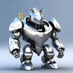 A high-quality 3D render of a rhino robot, proudly bearing a crest on its metallic body