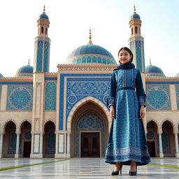 A stylish girl’s high school uniform inspired by the intricate architecture of Yazd's Jameh Mosque, featuring geometric patterns and vibrant tile work