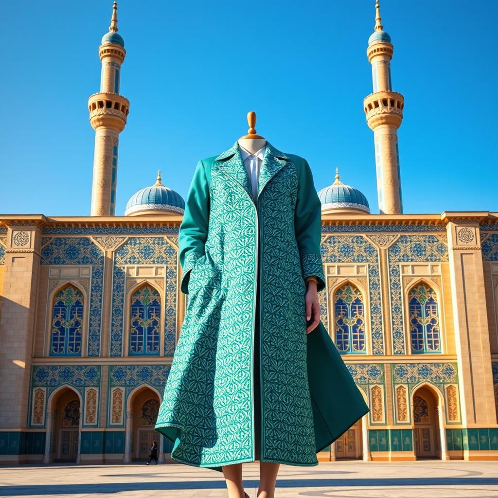 A stylish girl’s high school uniform inspired by the intricate architecture of Yazd's Jameh Mosque, featuring geometric patterns and vibrant tile work