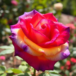 A beautiful rose with multi-colored petals, showcasing vibrant hues of red, yellow, blue, and purple