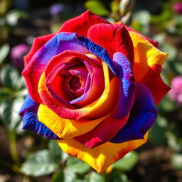A beautiful rose with multi-colored petals, showcasing vibrant hues of red, yellow, blue, and purple
