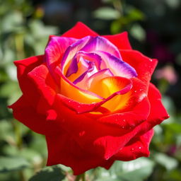 A beautiful rose with multi-colored petals, showcasing vibrant hues of red, yellow, blue, and purple