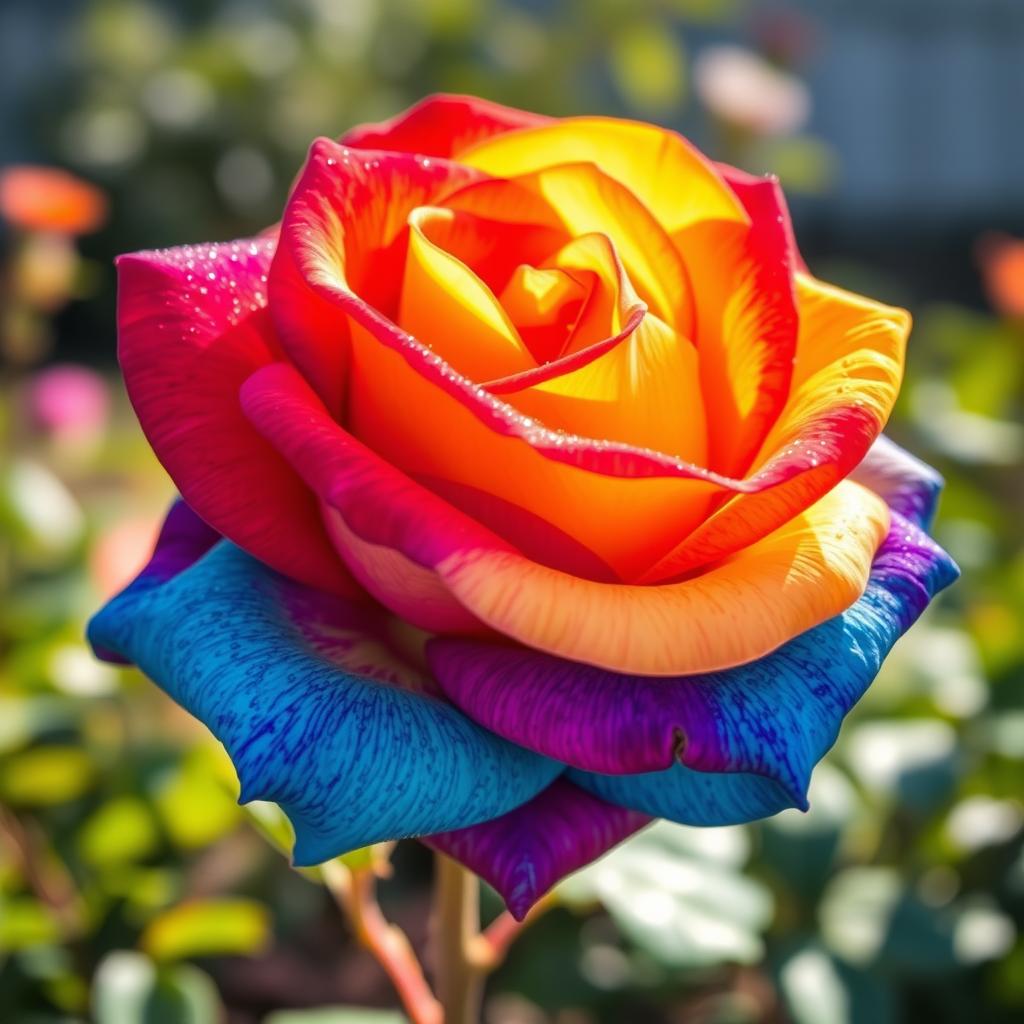 A beautiful rose with multi-colored petals, showcasing vibrant hues of red, yellow, blue, and purple