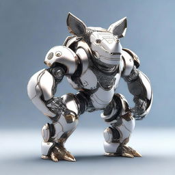 A high-quality 3D render of a rhino robot, proudly bearing a crest on its metallic body