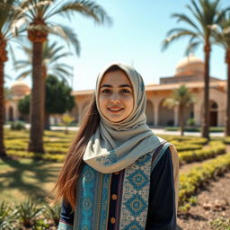 A beautiful high school girl wearing a traditional Iranian school uniform inspired by the architectural details of the Yazd Jame Mosque