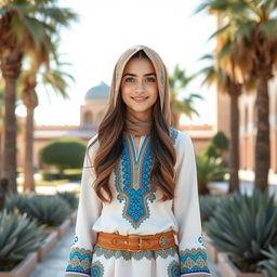A beautiful high school girl wearing a traditional Iranian school uniform inspired by the architectural details of the Yazd Jame Mosque
