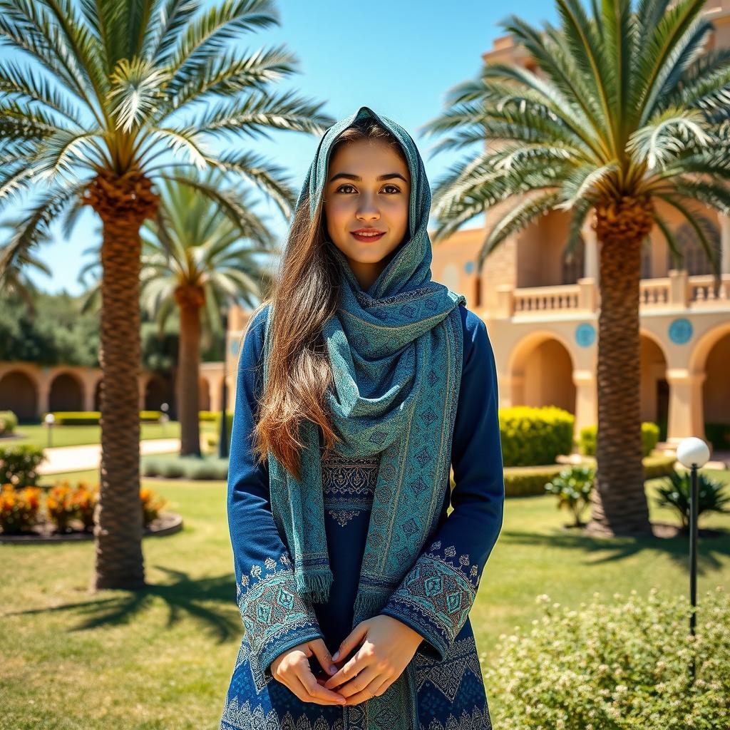 A beautiful high school girl wearing a traditional Iranian school uniform inspired by the architectural details of the Yazd Jame Mosque