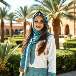 A beautiful high school girl wearing a traditional Iranian school uniform inspired by the architectural details of the Yazd Jame Mosque