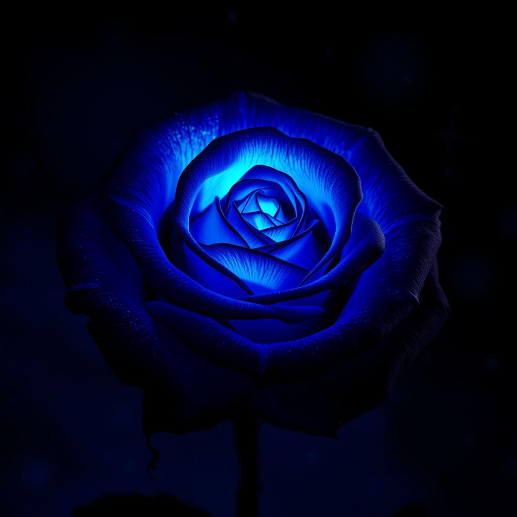 A stunning rose with vibrant blue and black colors, illuminated against a night sky