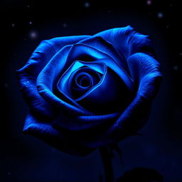 A stunning rose with vibrant blue and black colors, illuminated against a night sky