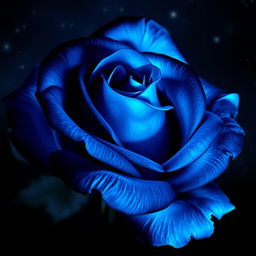 A stunning rose with vibrant blue and black colors, illuminated against a night sky