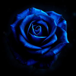 A stunning rose with vibrant blue and black colors, illuminated against a night sky