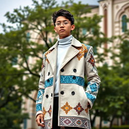 A stylish high school student's overcoat inspired by the architectural details of the Mama Mosque