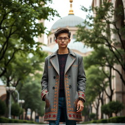 A stylish high school student's overcoat inspired by the architectural details of the Mama Mosque