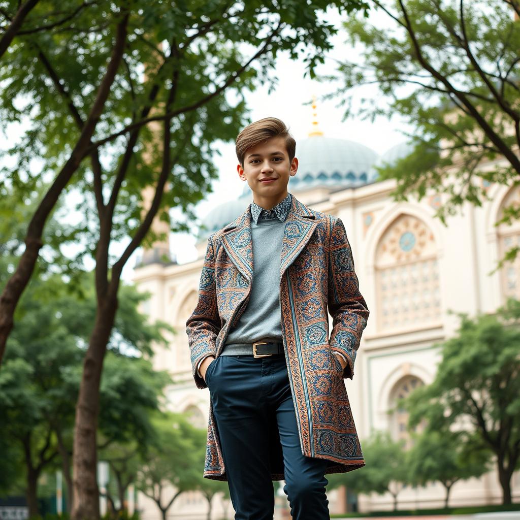 A stylish high school student's overcoat inspired by the architectural details of the Mama Mosque