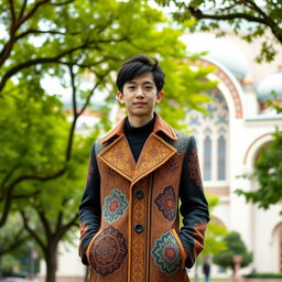A stylish high school student's overcoat inspired by the architectural details of the Mama Mosque