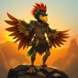 A stylized birdman character, depicted as a humanoid figure with bird-like features such as vibrant feathers, a beak-like nose, and large wings